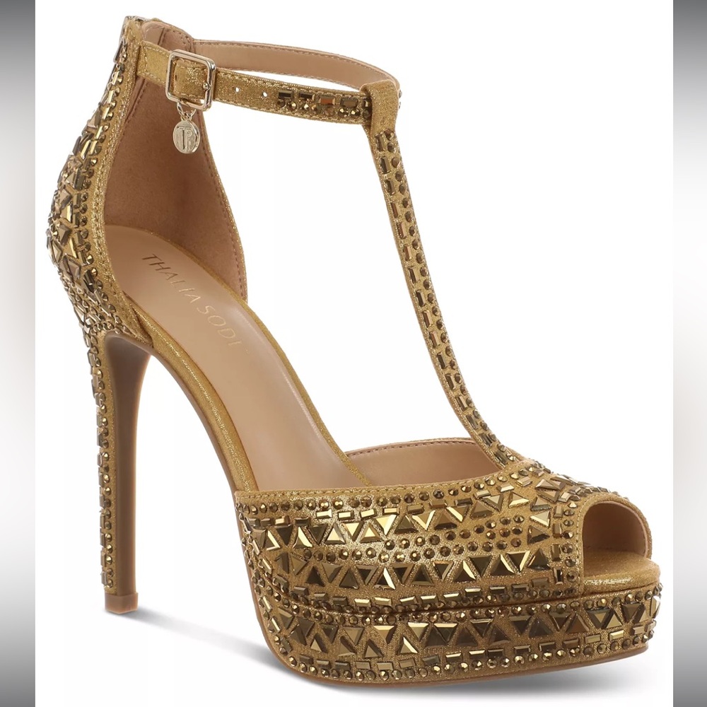 Thalia Sodi Chace Embellished Gold Heels